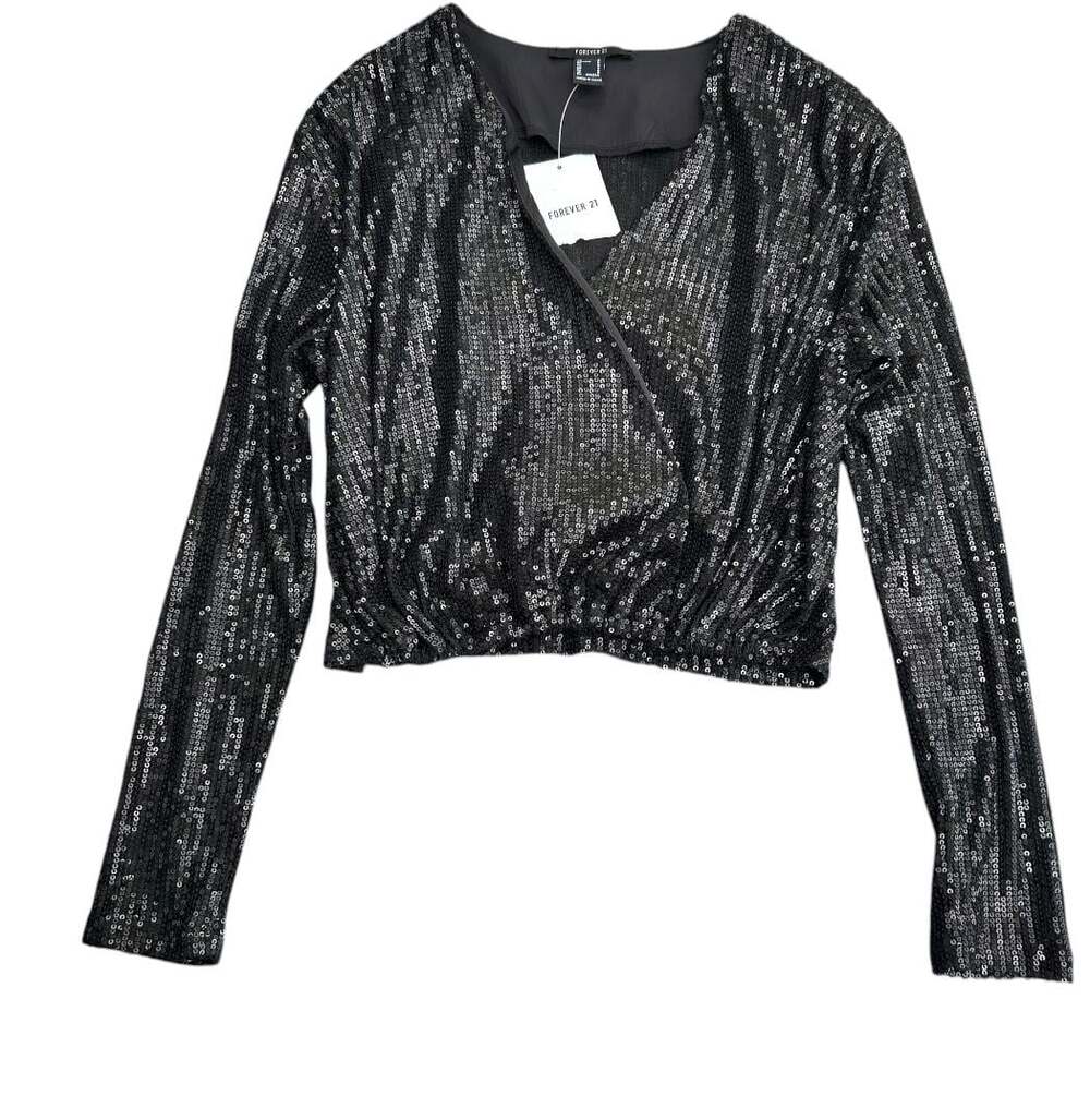 Forever 21 Black Sequin Long Sleeve Surplice Crop Women’s Top Size S